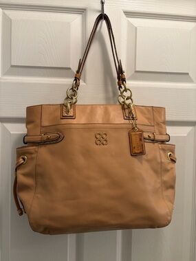 Coach Madison Tan Leather Tote Snakeskin Trim Drawstring Bag